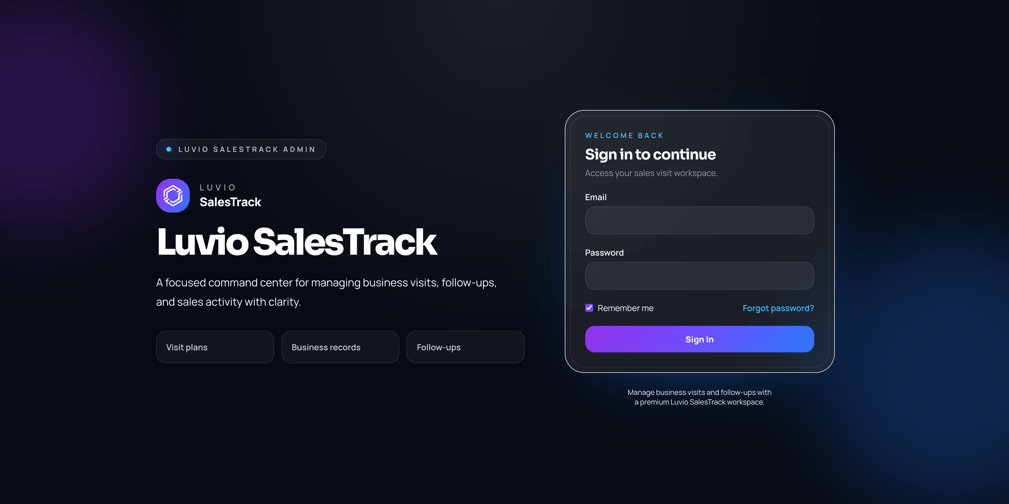 Luvio SalesTrack sign-in experience and product overview